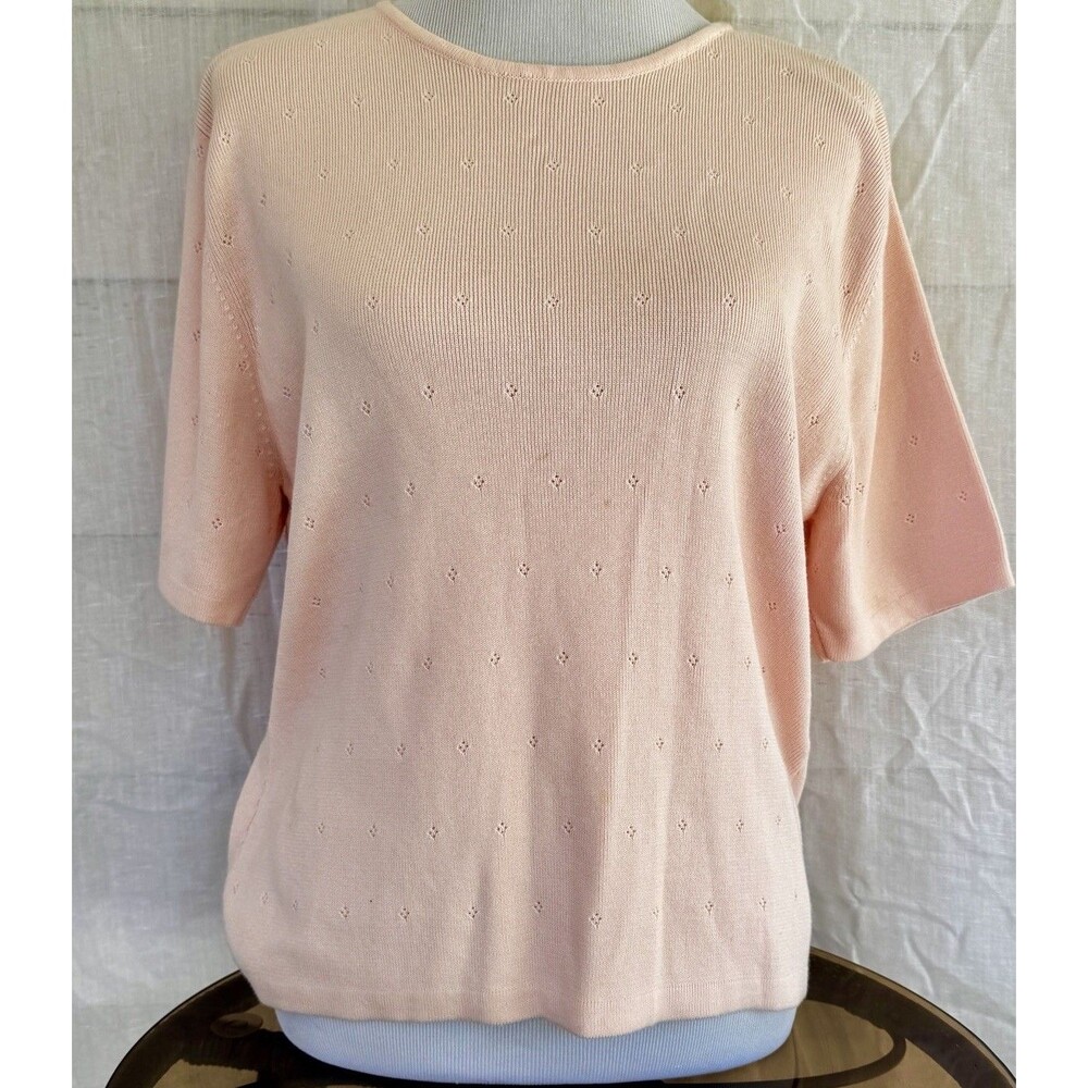 Talbots Vintage Short Sleeve Sweater Womens Large Pink Pointelle 100% Cotton L